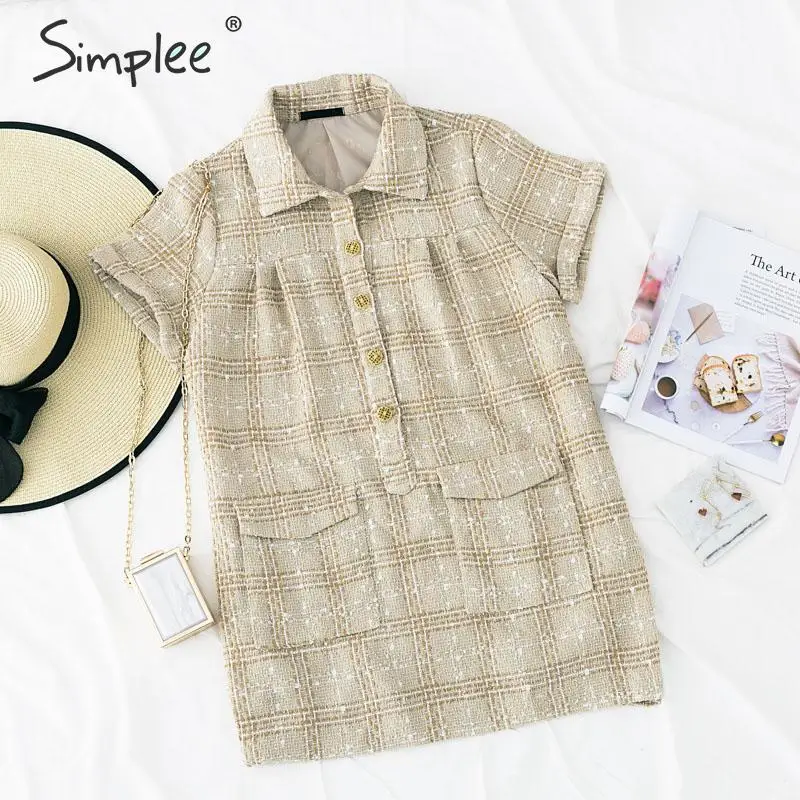 Simplee Vintage плед женское платье из твида с коротким рукавом карманы женские мини
