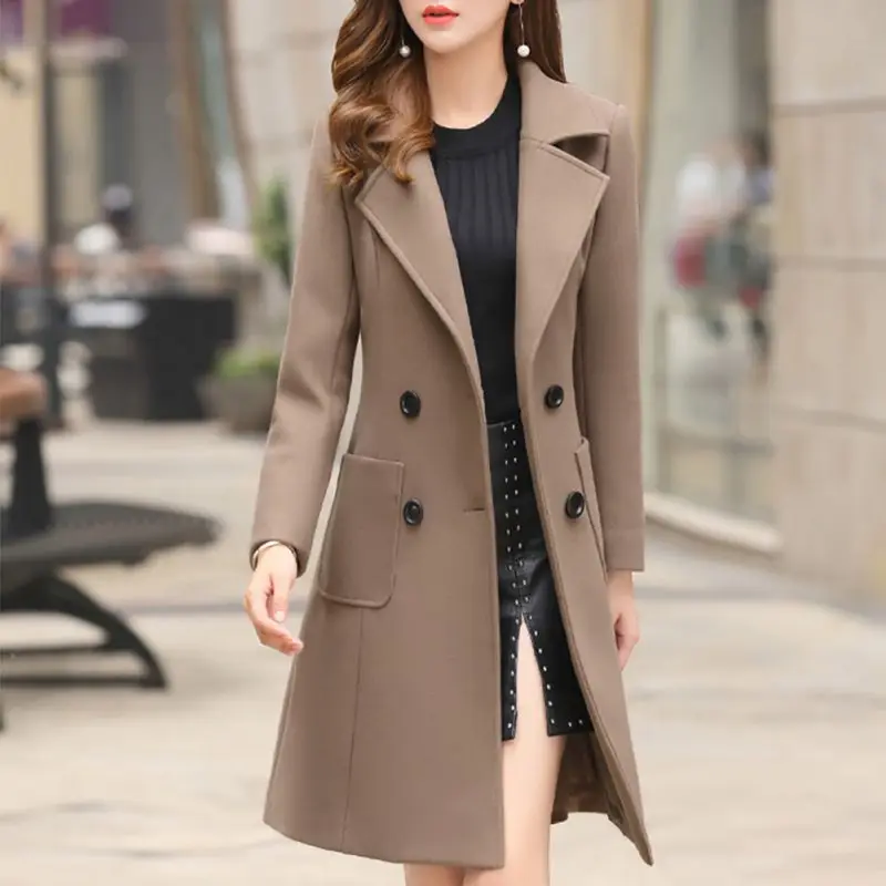 Осенне-зимнее шерстяное пальто из смешанной шерсти, повседневная шерстяная верхняя одежда, солидное пальто, Женское пальто, куртка с длинными рукавами и отложным воротником
