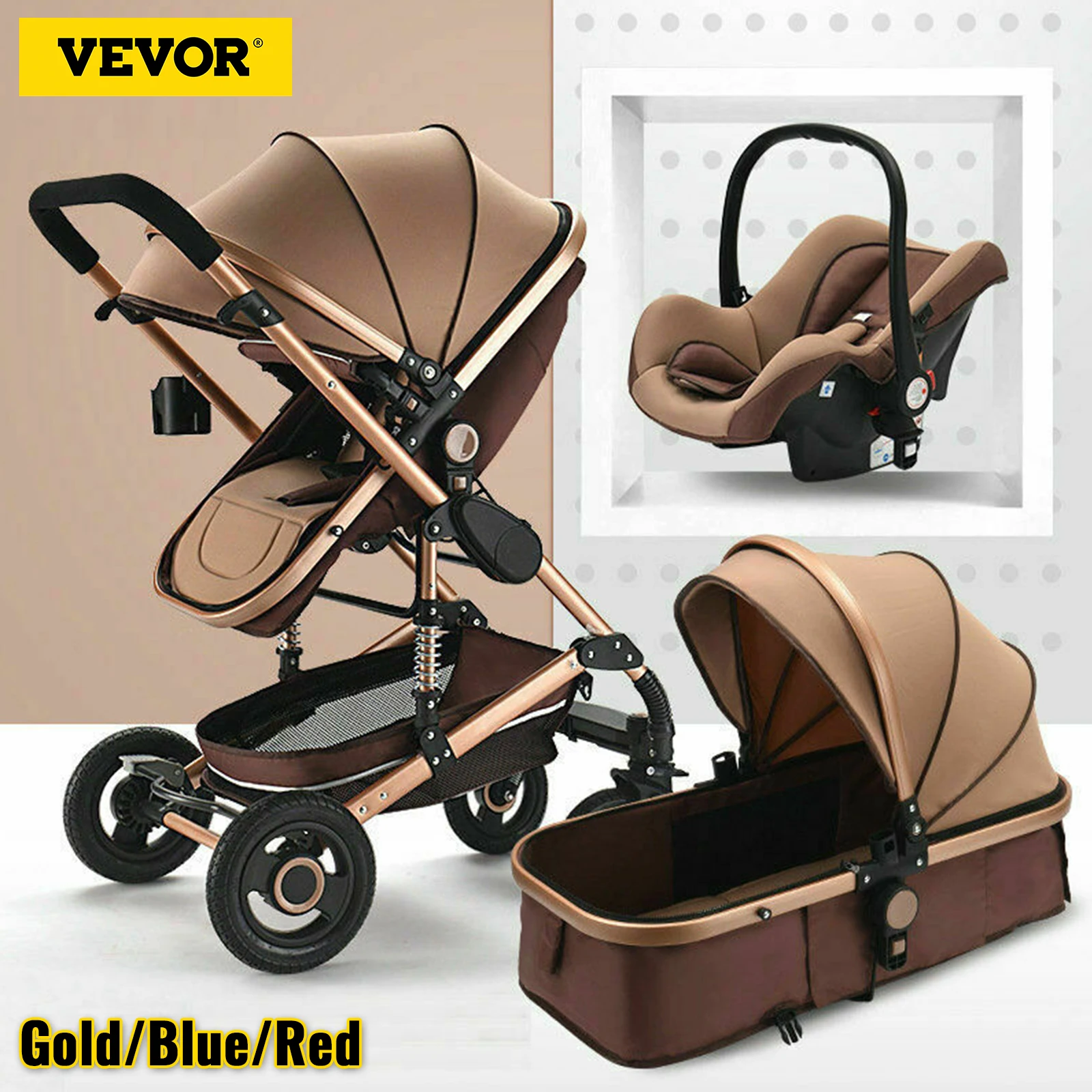 VEVOR Luxurious Baby Stroller 3 in 1 Portable Travel Reclining Baby Carriage Folding Pram for Newborn Baby Bassinet Pushchair 1