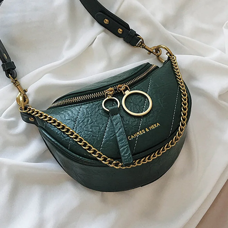 Cool Fashion Pleated Chains Chest Bag for Women Vintage Leather Hobos Handbags Retro Fanny Bag Messenger Bags malas de senhora