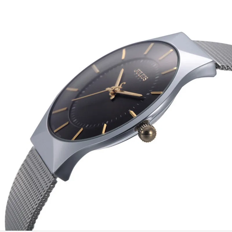 JULIUS Mode Повседневная Роскошная Uhr Топ Marke логотип herren Uhr Silber Schwarz ультра дюнн сетка Voller Stahl Quartz Wasserdicht JA-577