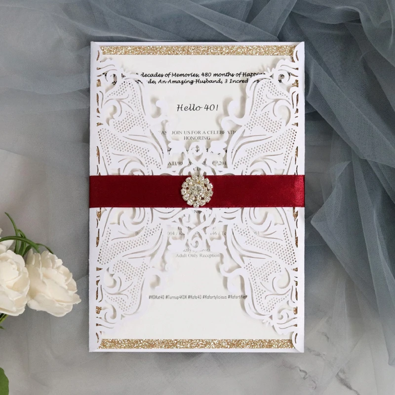 

(100 pieces/lot) Laser Cut White Lace Wedding Invitation Card Gold Glittery Customize Print Baptism Crystal Invitations IC127W