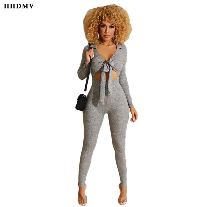 HHDMV DAN8199 elegant fair maiden style jumpsuits long sleeve lapel deep v hollow out pure color tight jumpsuits long pants