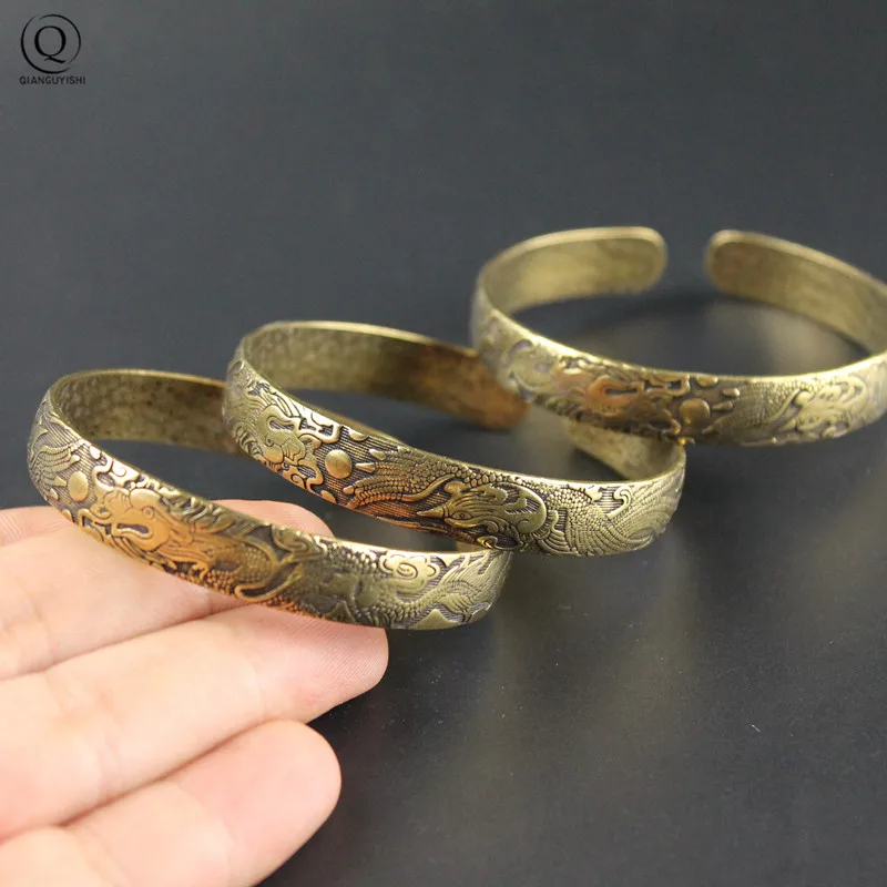 Retro Brass Dragon Phoenix Pattern Princess Bangle Classic Pure Copper Open Bracelet Ancient Women Wristband Valentine's Gifts Bangle Bracelet