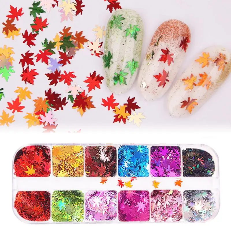 

3 Style 12 Grid Laser Autumn Maple Leaf Nail Art Sequins Decor Holographic Chameleon Glitter Flakes UV Gel Polish Tool TSLM1