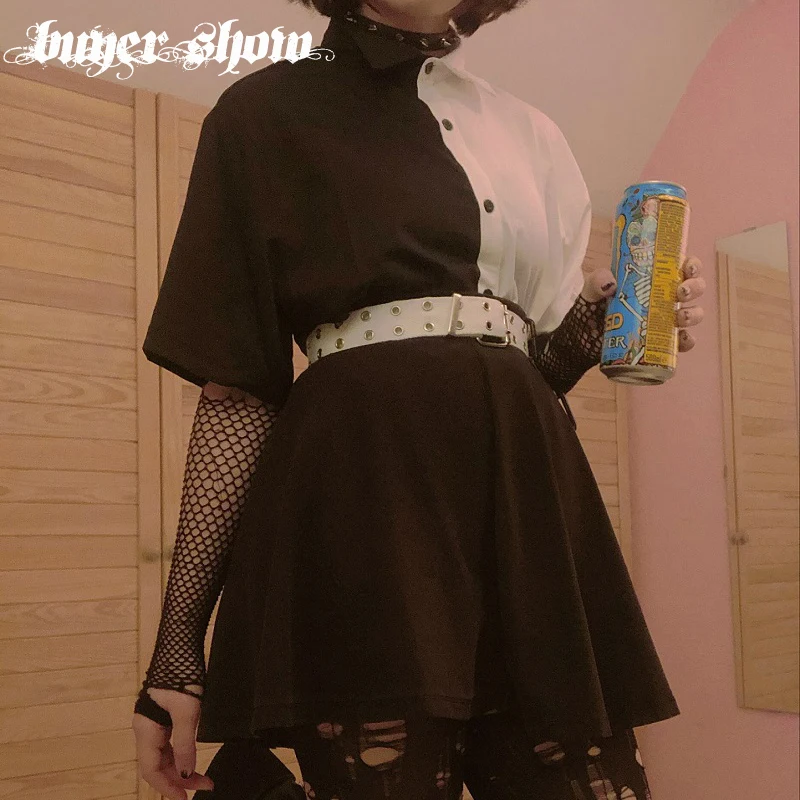 Goth Dark свободное мини платье с высокой талией в стиле пэчворк летнее модное