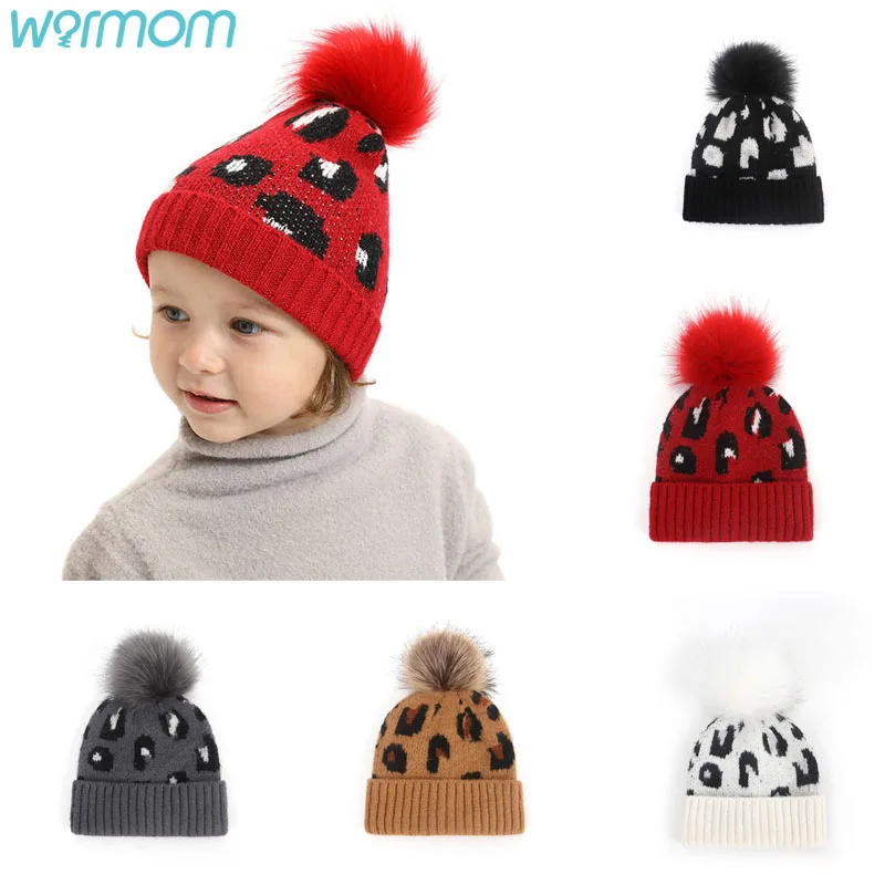 

Warmom Children's Mohair Knit Hat Leopard Print Big Hair Ball Cute Trendy Wool New Autumn And Winter Hats Keep Warm Hat