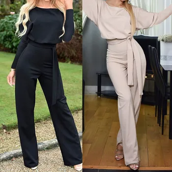 

Women High Waist Broad Legged Jumpsuit 2020 Autumn O Neck Long Sleeve Pocket Solid Elegant Lace Up Rompers Black Ladies Overalls