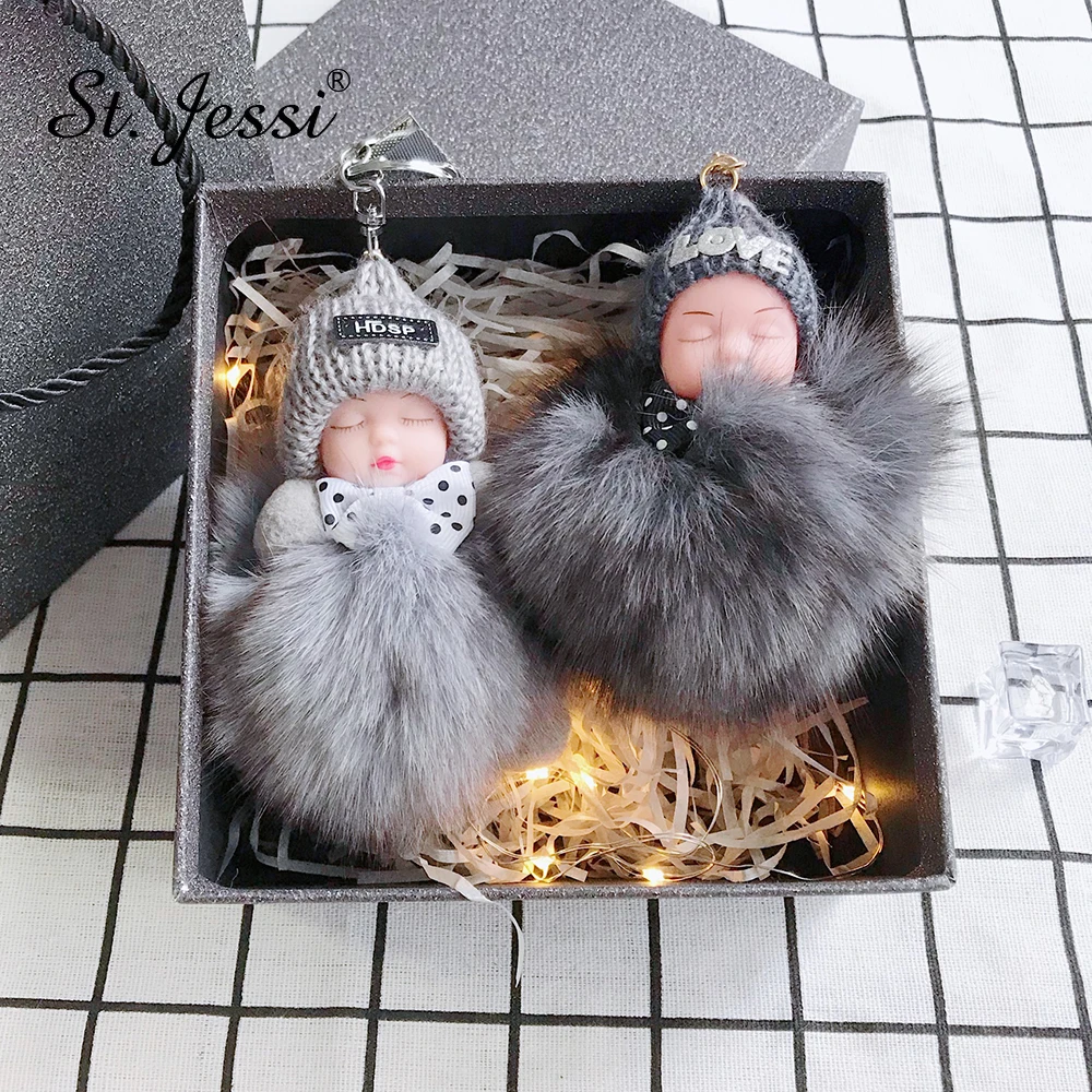 

New Cute Fluffy Sleeping Baby Doll Keychain Pompon Real Fox Fur Ball Key Chain Car Keyring Women Key Holder Bag Pendant Charm