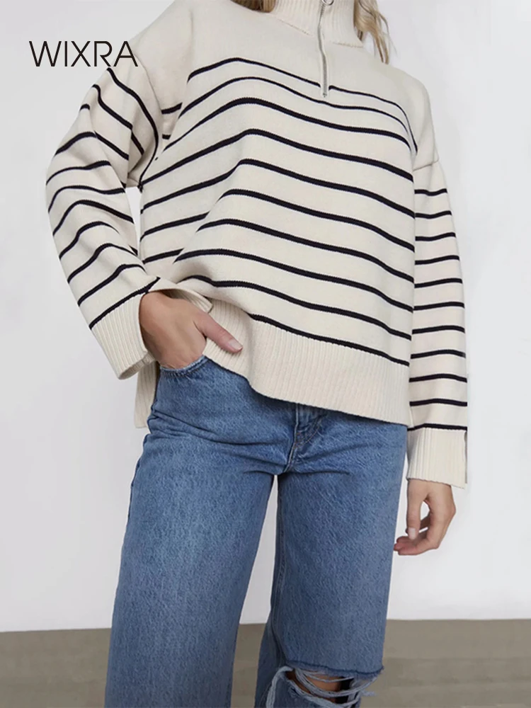 Wixra Women Sweater Striped Casual Zipper Mock Neck Split Knitted Ladies Pullover Loose Top Autumn High Streetwear | Женская одежда