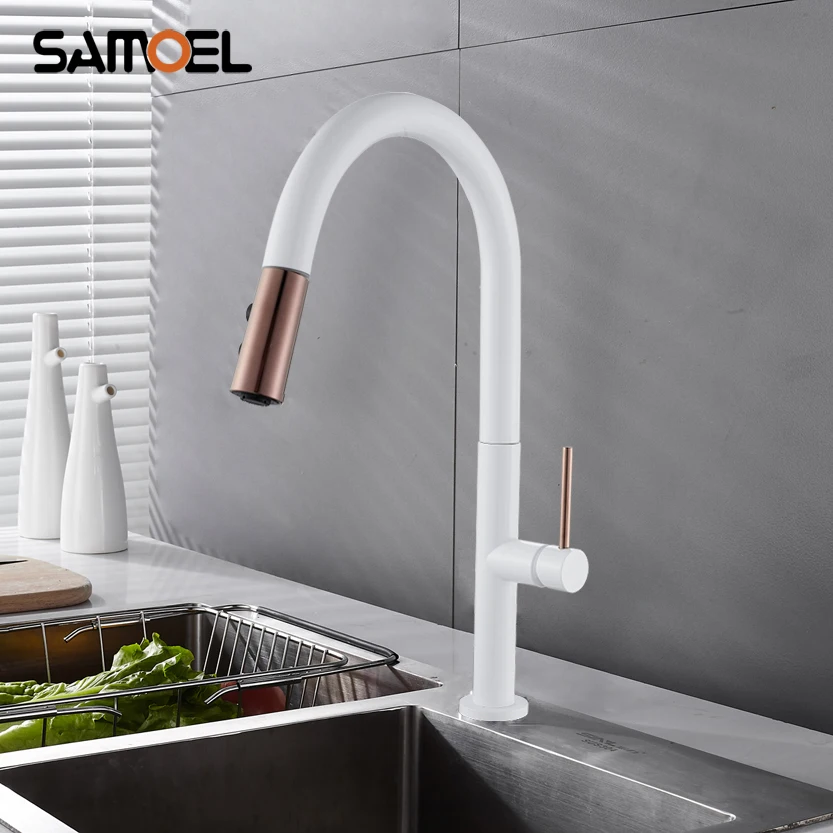 

New Nordic Style Modern Deck Mount Brass Pull Down Kitchen Faucet Mixers White Pull Out Sink Water Taps W3044