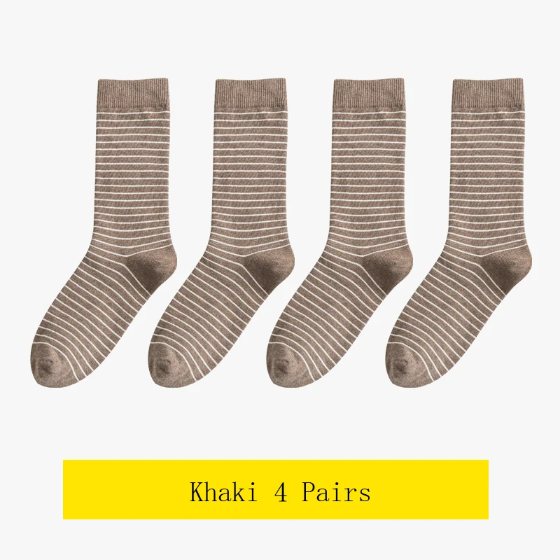 Khaki 4 Pairs Модные весенне-осенние длинные женские носки средней длины, сохраняющие тепло, милые корейские толстые носки в полоску из хлопка для женщин, 4 пары - Цвет: Khaki 4 Pairs