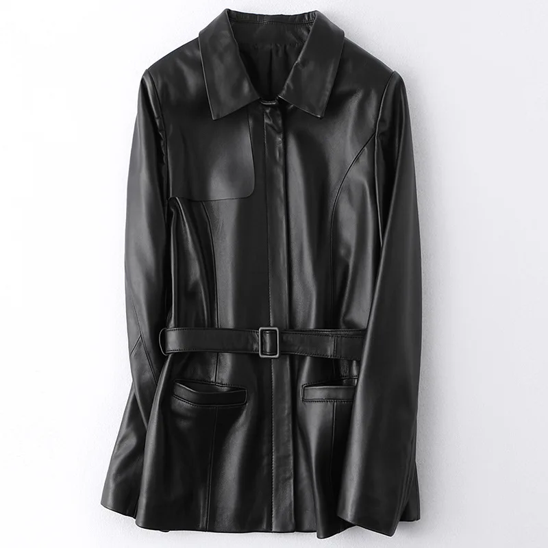 

New Women Autumn Winter Black Genuine Leather Coats Jacket Real Leather Clothes For Women Ladies Sheepskin Collar With Belt