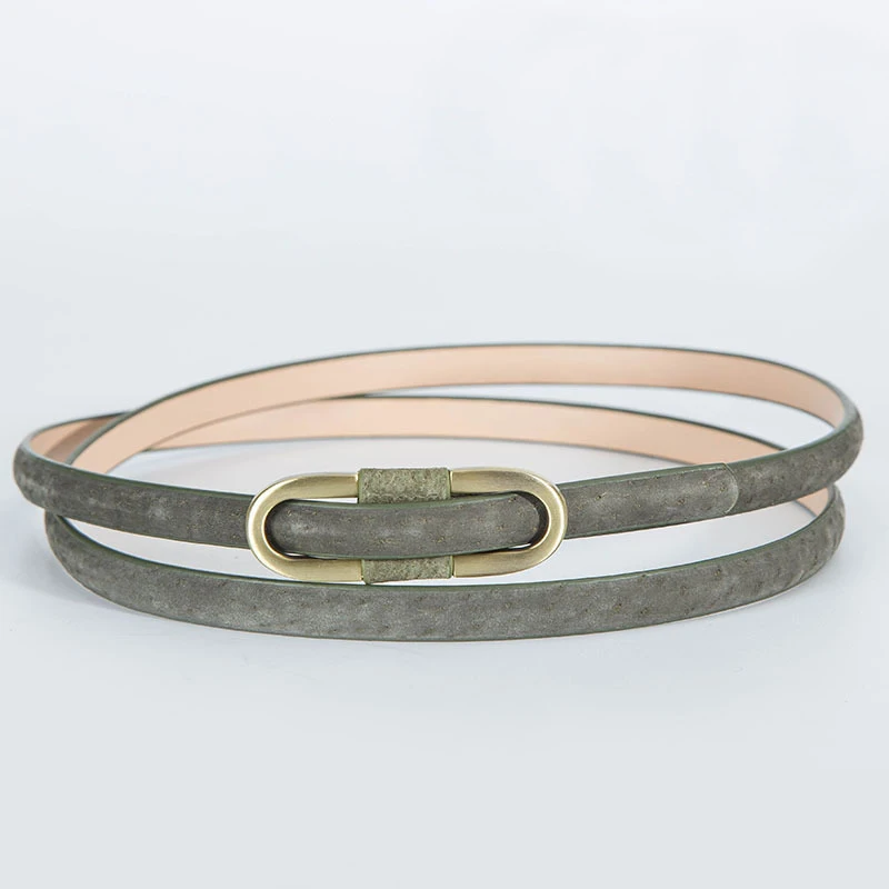 army green ELIsfashion свиная кожа натуральная узкая кожа ремень роскошный ремень платье и юбка ремни Мода для женщин Классическая матовая Золотая пряжка - Цвет: army green