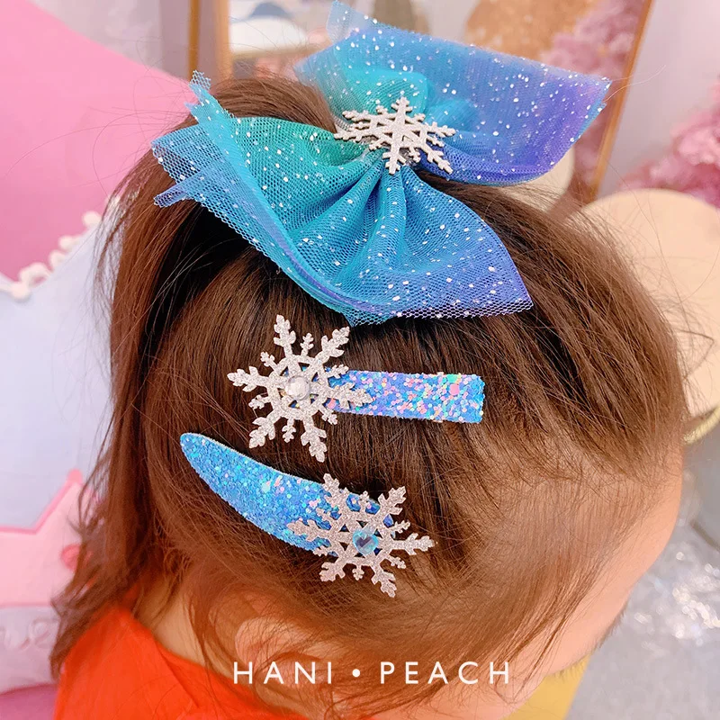 Новинка года; рождественские аксессуары для волос со снежинками для девочек; заколки для волос с кристаллами для девочек; детские заколки для волос; синие рождественские банты для волос