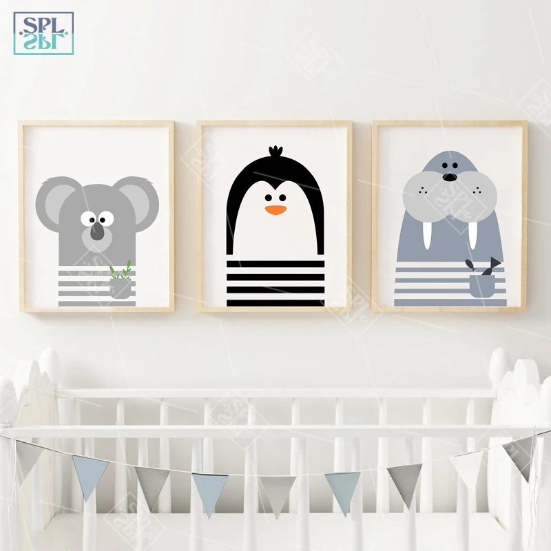 

Nursery Kids Room Decor Animal Canvas Painting Cartoon Hippo Zebra Walrus Frog Wall Art Picture for Baby Room Posters and Prints
