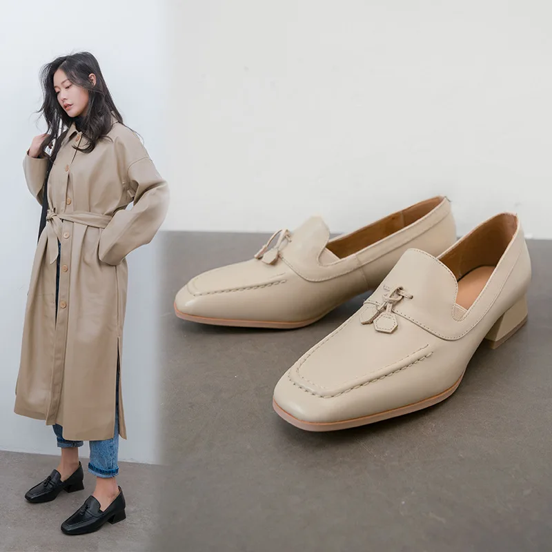 

2019 Spring New Style Genuine Leather Flat Keel Thin Shoes Women's Square Head Simple Low Chunky Heel Small Leather Shoes Retro