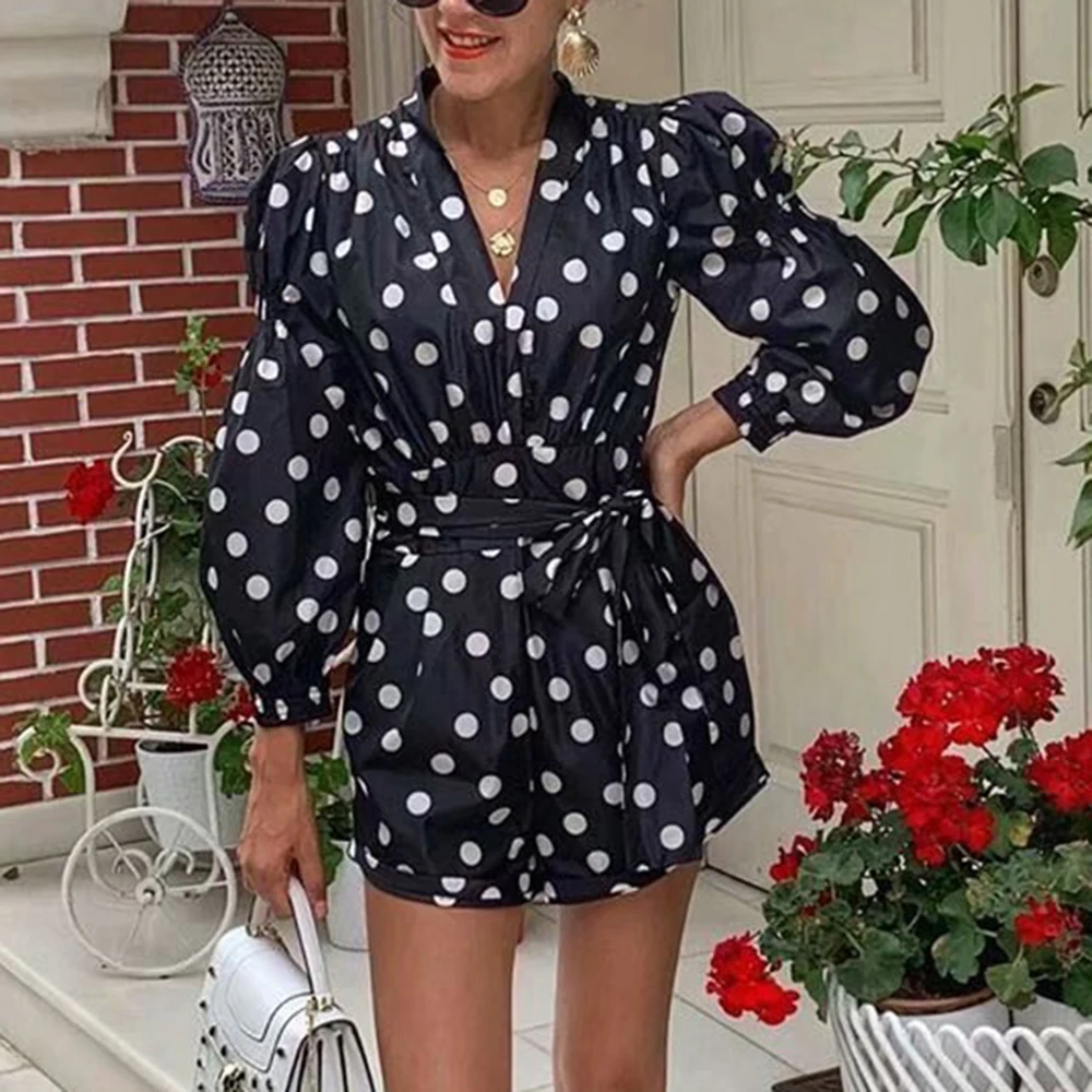 

boho elegant midi rompers with belts chic women polka dots print jumpsuits 2019 fashion ladies new black girls jumpsuit feminine