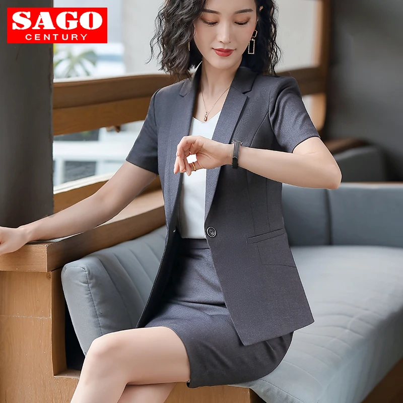 

2020 Summer Women Short Sleeve Suit Blazer Jacket Skirt Set Office Lady Formal Flat Collar Single Button Bank Business Work Wear