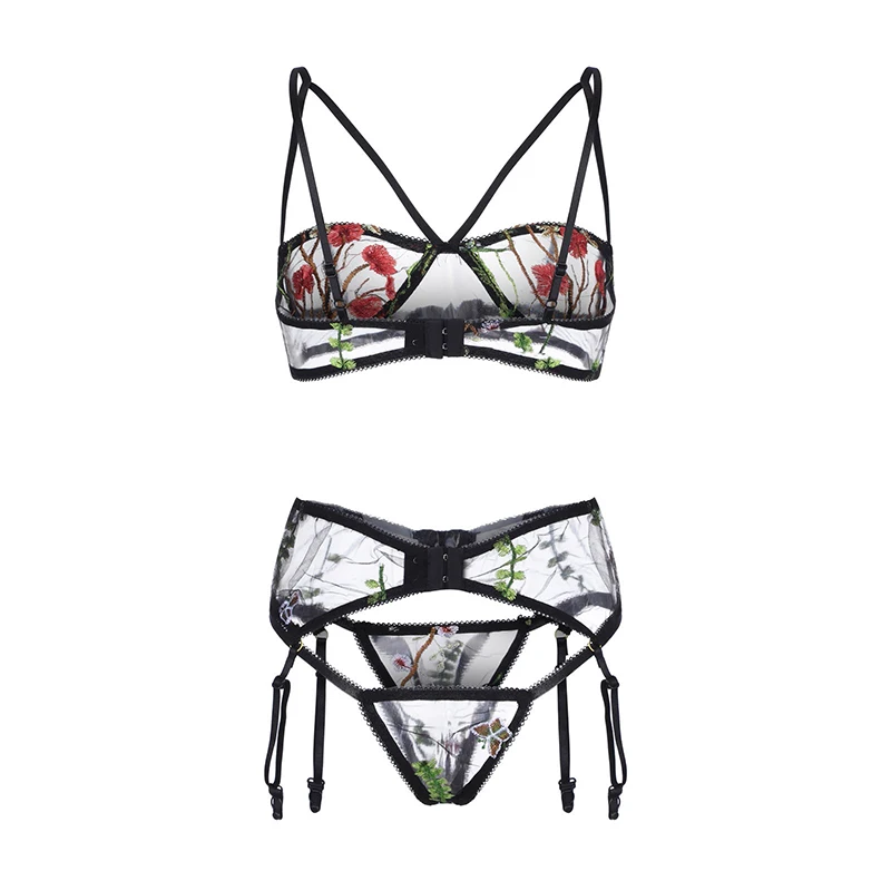 sexy bra and panty See Through Lace Floral Embroidery Sexy Lingerie Set Women Thin Transparent Push Up Bra + Garters + Thong 3 Pieces Underwear Set bra and underwear set