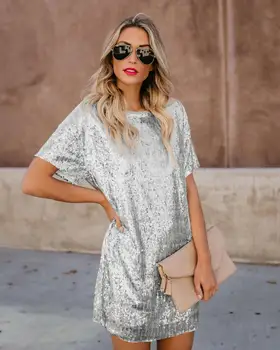 

BADAMANA New Summer Spring Gilding Fashion Clothing Loose Sequins Casual Long T-Shirts Women T-Shirt Dress Short Sleeve Tops