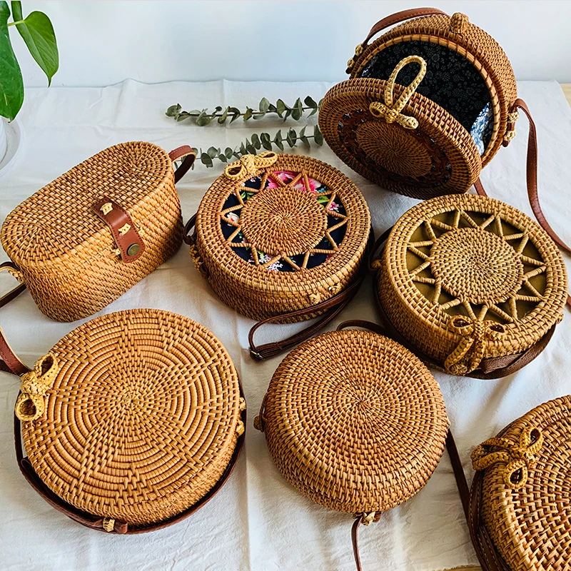  Round Women's Summer Beach Straw Bags Handmade Woven Small Rattan Circle Cross Body Shoulder Bohemi - 4000049320337