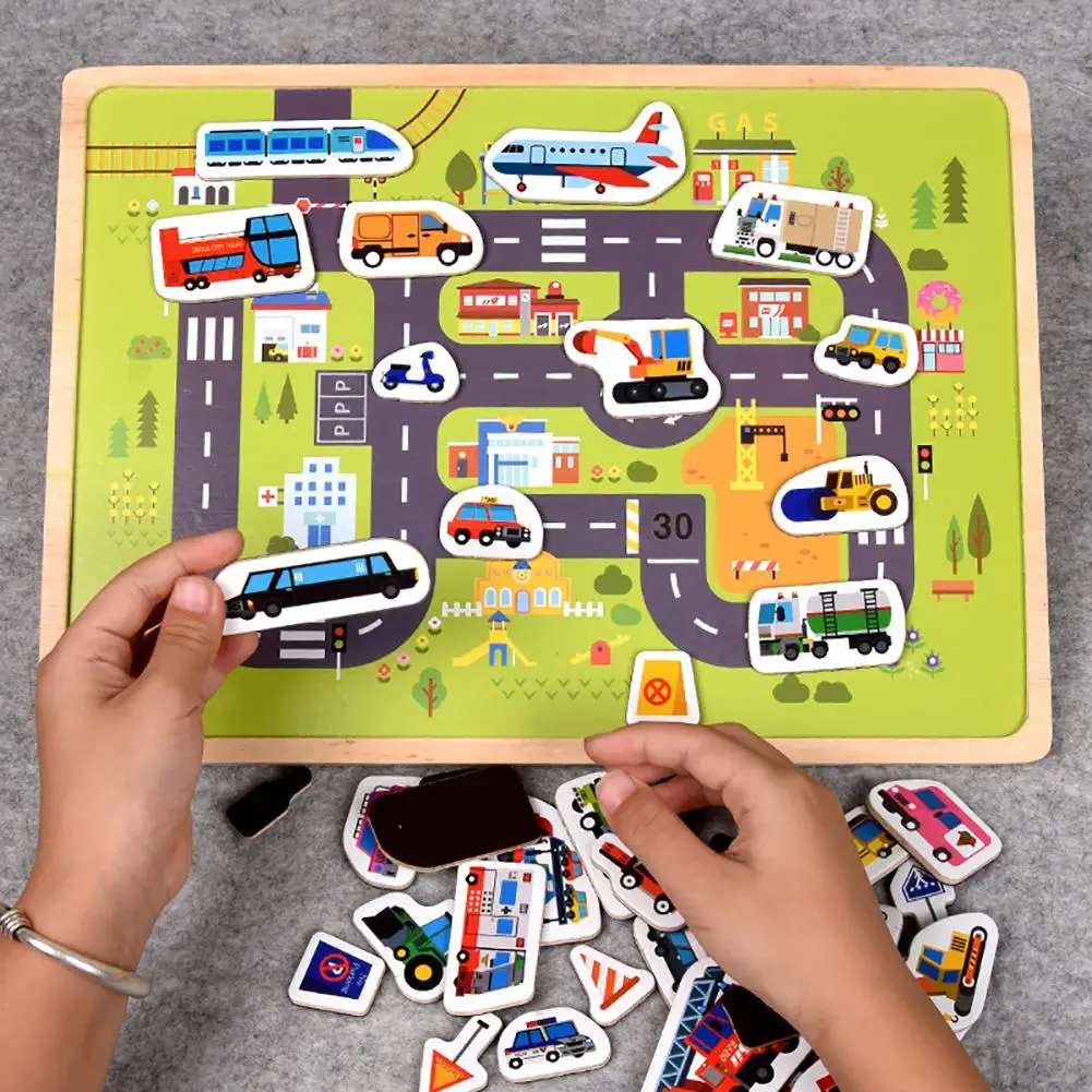 Wooden Magnetic Puzzles Toy Transport Animal Puzzle Early Learning Cognition Toy Gifts for Children