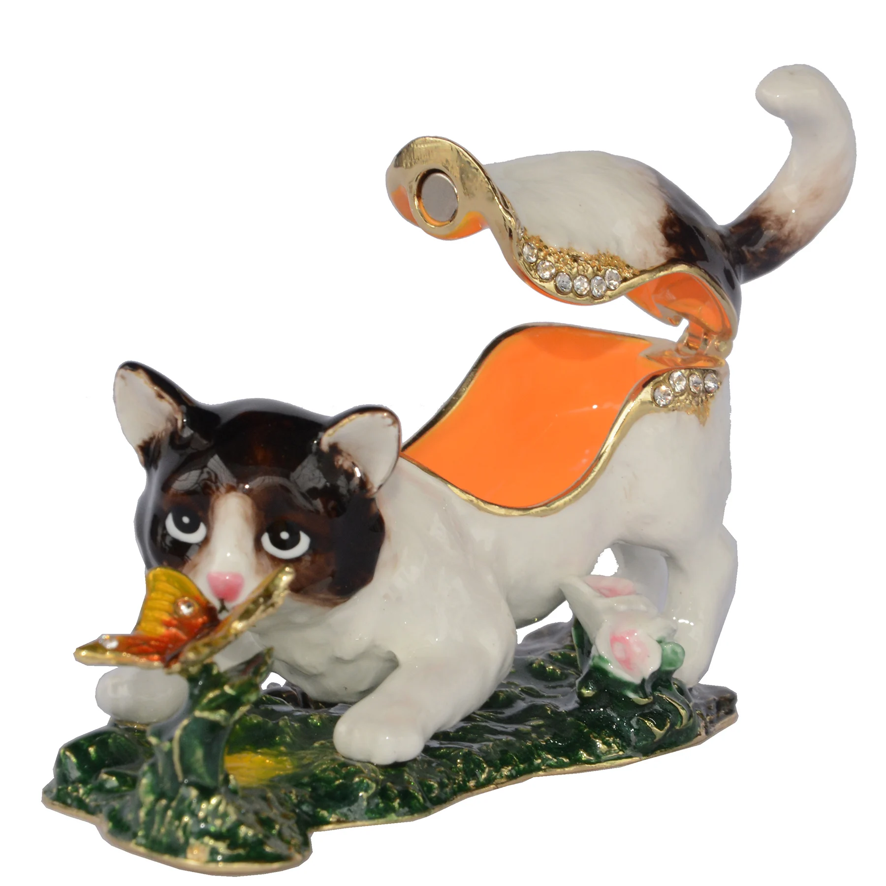 Elegant Butterfly Trinket Box with Cat Figurine - Perfect Collectible Gift