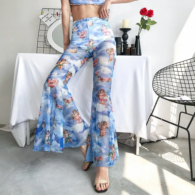 Women Pants Angel Print Kawaii Mesh Transparent Sexy Boho High Waist Pants Lady 2020 Double Layer Boot Cut Flare Trousers Summer Women Pants Angel Print Kawaii Mesh Transparent Sexy Boho High Waist Pants Lady 2020 Double Layer Boot Cut Flare Trousers Summer