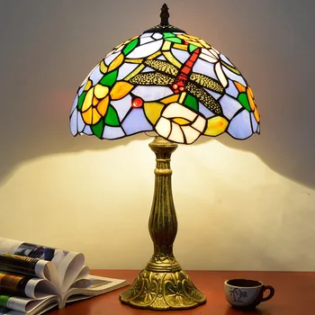 

American Pastoral Creative Vintage Tiffany Stained Glass Dragonfly Rose Bedroom Bedside Table Lamp Diameter 30CM