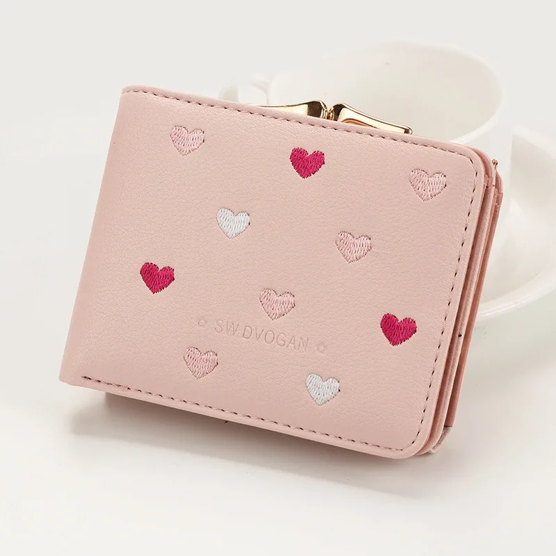 Pink Японский многофункциональный женский мини кошелек карамельный цвет в форме сердца вышивка женский короткий кошелек милый кошелек карта Упаковка - Цвет: Pink