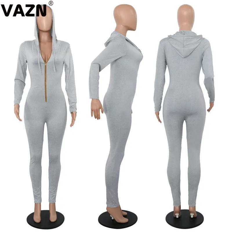 VAZN, Spencil, одноцветные, новинка, хит, модные, для улицы, комбинезоны, повседневные, бодикон, молния, шея, капюшон, сексуальные, длинные штаны, тонкий, длинный комбинезон