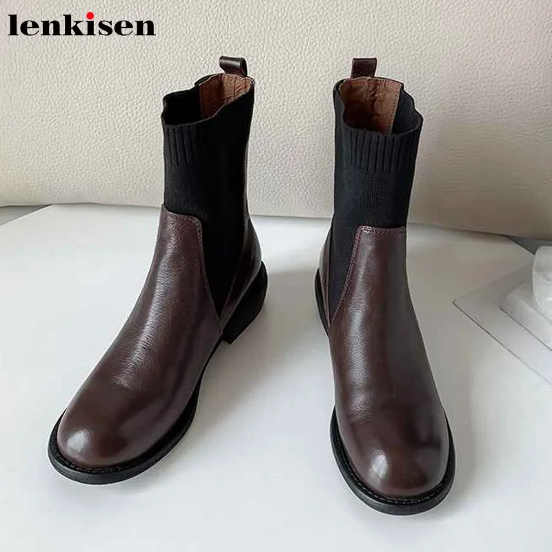 Lenkisen/Новинка; вязаные носки из коровьей кожи в стиле пэчворк; Зимние Модные женские ботильоны с круглым носком на среднем каблуке; Простые ботильоны для отдыха; L12