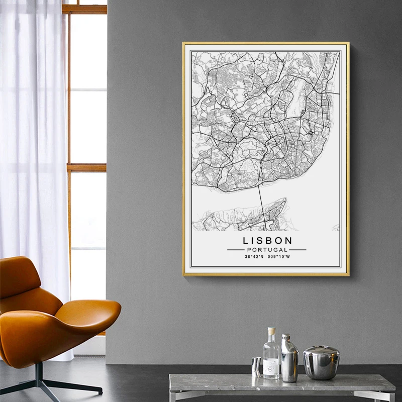 Minimalist-City-LISBON-ZURICH-Map-Travel-Canvas-Painting-Black-White-Wall-Art-Pictures-Posters-Prints-for