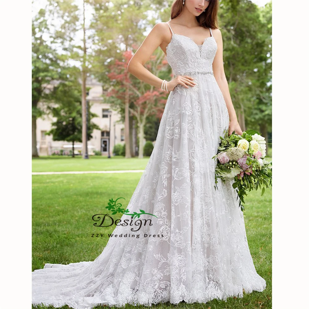

Luxury Lace Beading Handmade Romantic made Spaghetti Straps Custom-Made Lace Zipper Up Wedding Dress Cheap Bridal Gowns