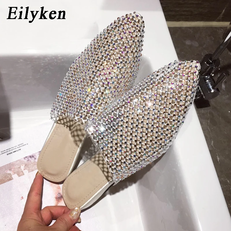 EilyKen/туфли без задника на плоской подошве; женские шлепанцы со стразами; сандалии без застежки с острым носком из прозрачного сетчатого материала; вечерние женские шлепанцы без задника