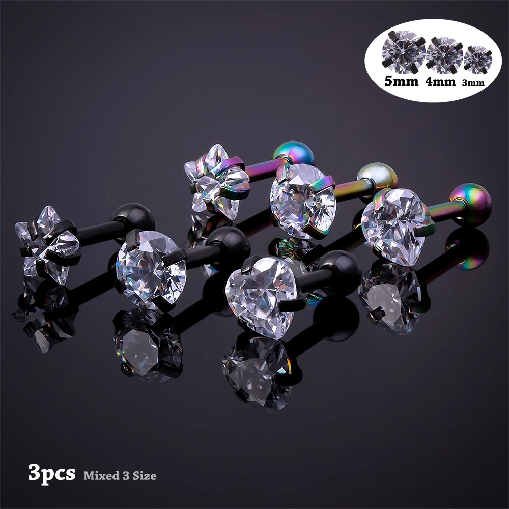 

3pcs 3-5mm Cubic Zirconia Cartilage Stud Women Helix Piercing Ear Piercing Body Jewelry Star Cartilage Earrings Barbell Earrings