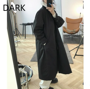 

DARK Korean Loose Lapel Quilted Coat Women's Long Thickened Waist Black Down Jacket 2020 Winter New Style