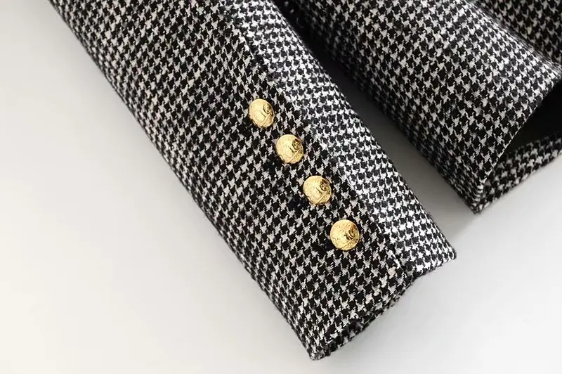 England women blazer elegant office lady Houndstooth Za blazer women outwear long sleeve double breasted female jacket blazer