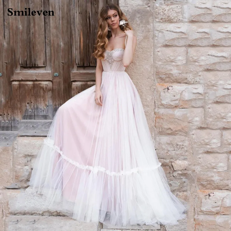

Smileven Pink A Line Wedding Dress 2020 Sexy Spaghetti Strap Robe De Mariee Beaded Bridal Dresses Corset Wedding Gowns