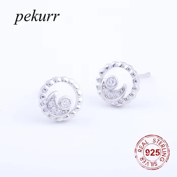 

Pekurr 925 Sterling Silver Crescent Moon Hollow Round Circle Hold Zircon Women Stud Earrings Fine Jewelry Classic Kids Gifts