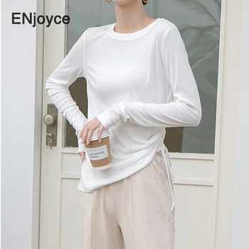 

2020 High Quality Spring Women Slim T-shirt Blue White Long Sleeve T shirts Korean Style Rope Contractio Cross O-neck Sexy Top