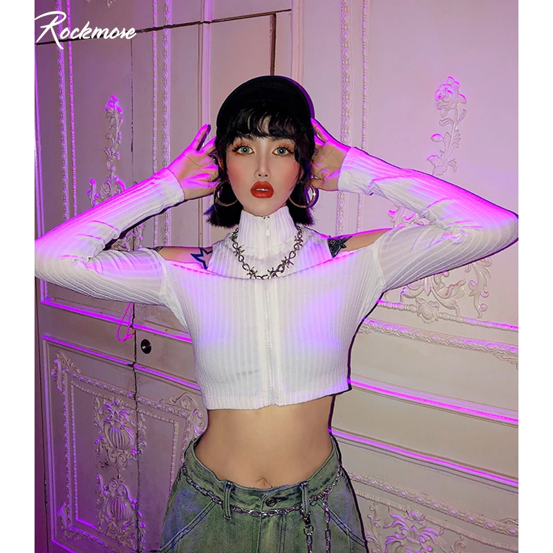 

Rockmore Off Shoulder Women T Shirt Femme Fall Long Sleeve Bodycon Zipper Turtleneck Ribbed Cropped Top Tee Korea Basic T-Shirts