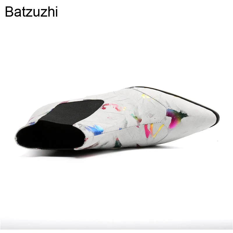 Batzuzhi New Design Men's Shoes Pointed Toe Black White Soft Leather Ankle Boots Men Slip on Fashion Motorcycle Botas Hombre