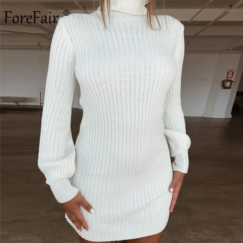 Женское вязаное платье-водолазка Forefair белое однотонное облегающее платье-свитер