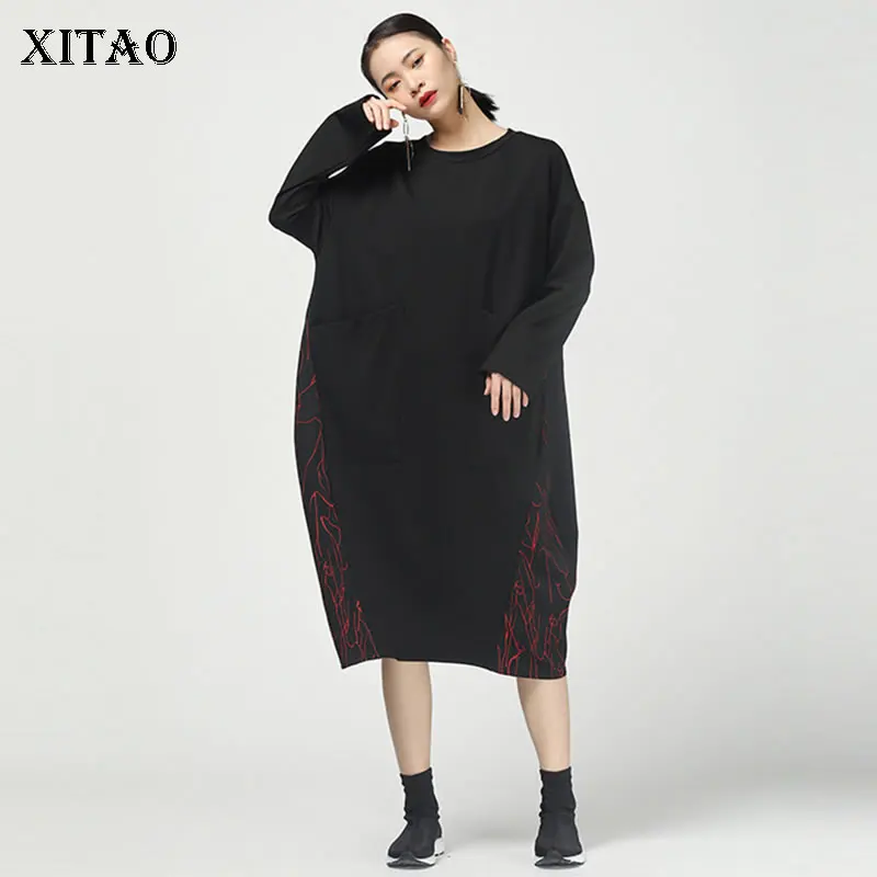 XITAO/индивидуальное лоскутное платье с принтом, женская одежда, модное свободное платье с карманами и асимметричным пуловером, платье с длинным рукавом DMY1406