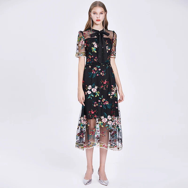 2021 Spring Summer Runway Designer Floral Embroidery Mesh Dress Women Bow Collar Elegant Sexy Midi Prom Party Robe Femme Vestido | Женская