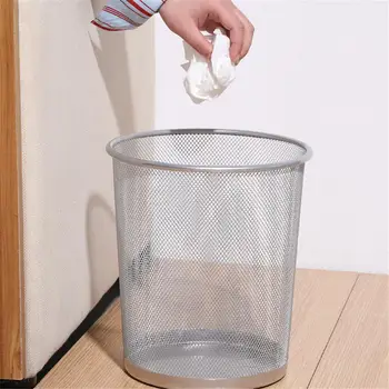 

Metal Mesh Round Trash Can Paper Basket Kitchen Bedroom Office Rubbish Waste Bins Holder Can Household Home Cleaning Tools