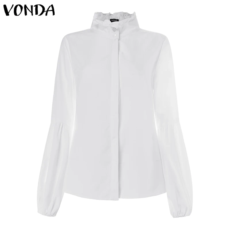 VONDA женская блузка, осенняя туника, Повседневная рубашка с длинным рукавом-фонариком, Офисная женская блуза на пуговицах, водолазка, топы размера плюс