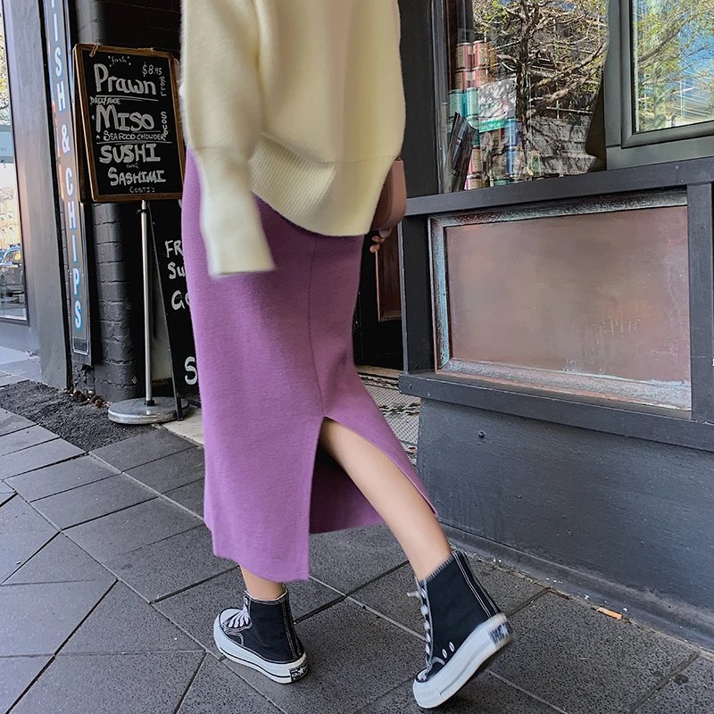 

Korean Style Chic Women Knit Skirt Lavender Solid Color High Waist Elastic Wrap Hip Slim Split Skirt Elegant Autumn Sexy Skirts